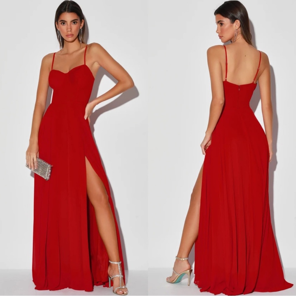 Lulus | Red Pleated Bustier Maxi Dress